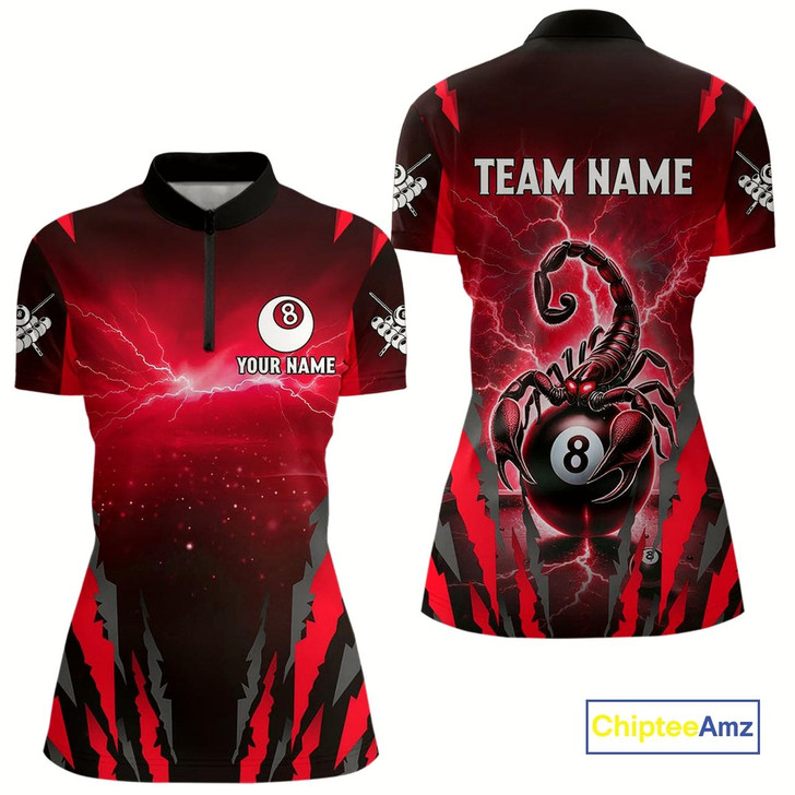 Goofygear Personalized Thunder Lightning Scorpion Billiard Shirt For Women, 8 Ball Billiard Team Jerseys Red