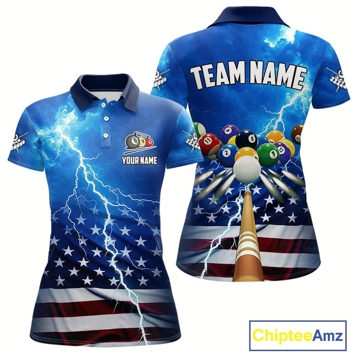 Goofygear Blue Thunder Lightning American Flag Billiard Shirt For Women Custom Patriotic Pool Balls Jersey