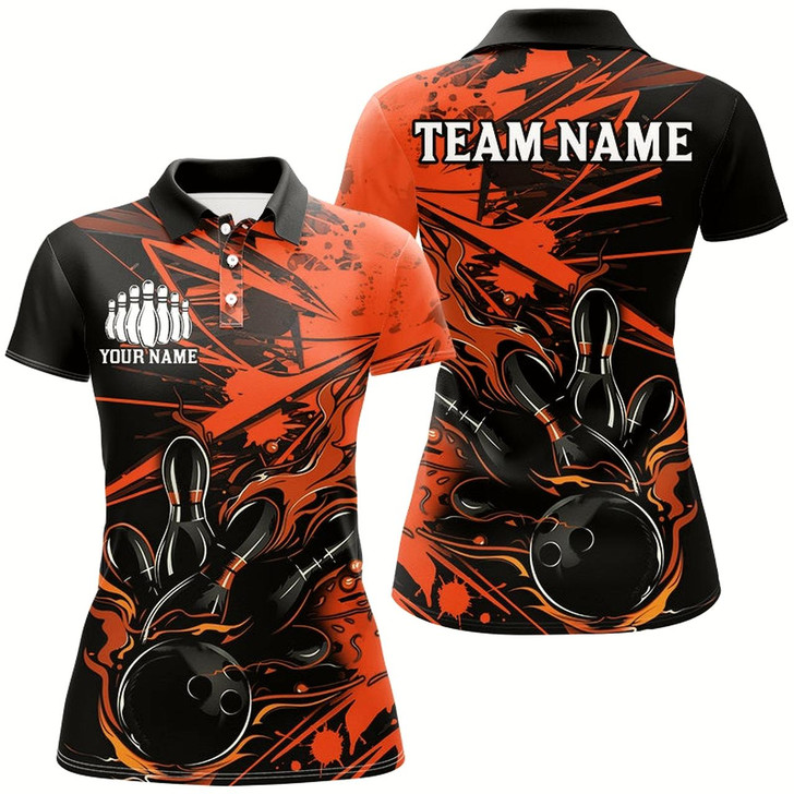 Goofygear Black And Orange Custom Flame Bowling Shirts For Women, Bowling Team Uniform Bowler Outfits