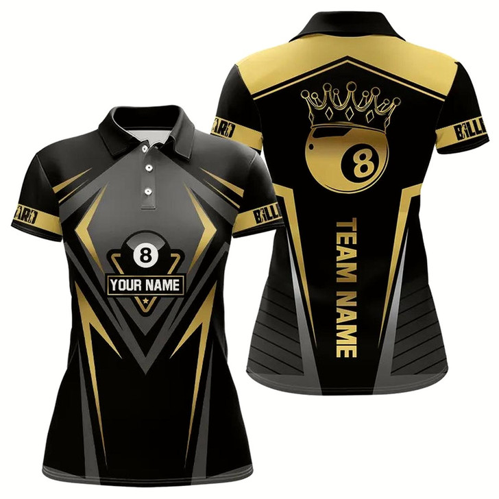Goofygear Customized 8 Ball Pool Crown Women Billiard Shirts, Gold And Black Billiard Team Shirts Pool Jerseys Style 1