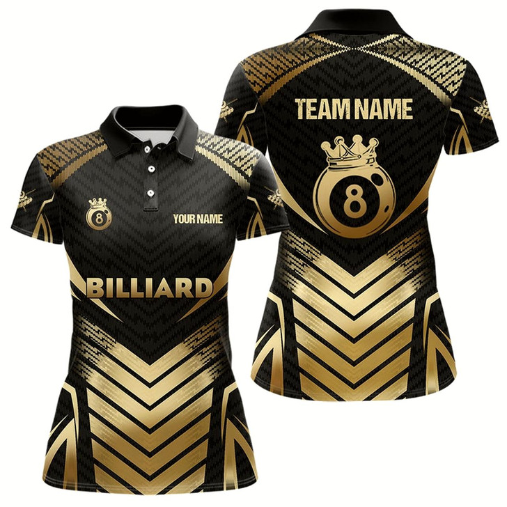 Goofygear Customized 8 Ball Pool Crown Women Billiard Shirts, Gold And Black Billiard Team Shirts Pool Jerseys Style 2