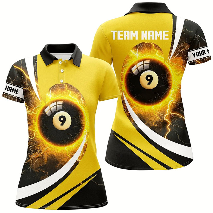 Goofygear Personalized Thunder Lighting Yellow 9 Ball Billiards Shirts For Women Custom 9 Ball Pool Jerseys