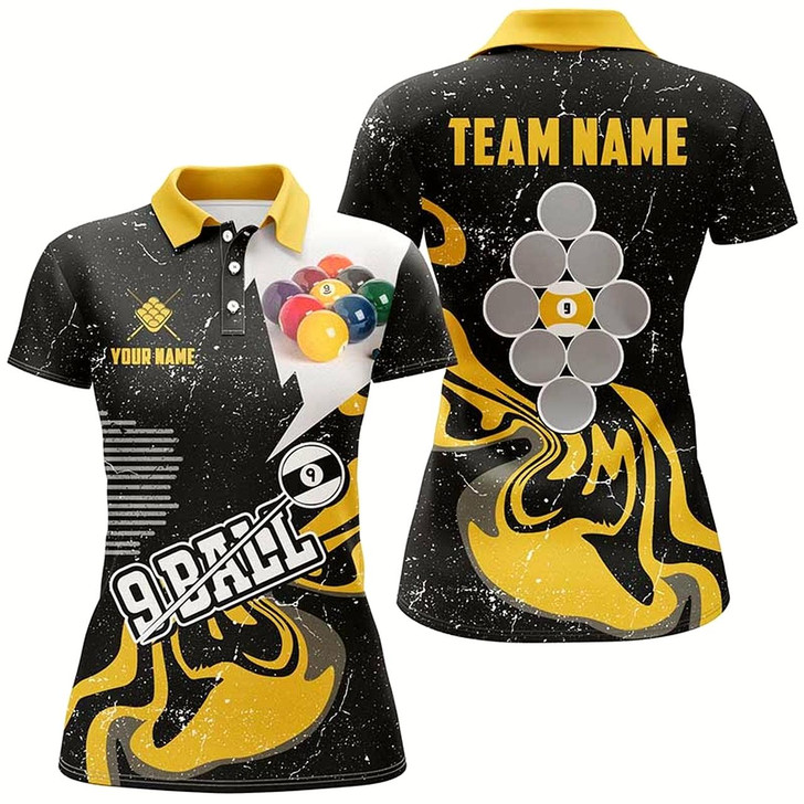 Goofygear Personalized Yellow Black 9 Ball Pool Women Billiard Shirts Custom Grunge 9 Ball Billiard Team Shirts