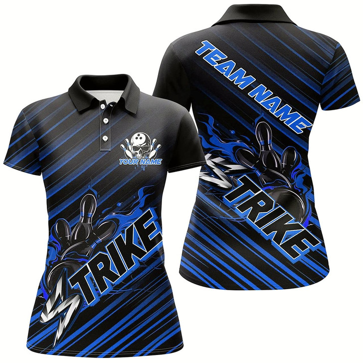 Goofygear Custom Black And Blue Flame Strike Bowling Shirts For Women, Bowling League Bowling Uniform