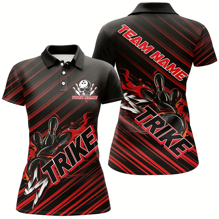 Goofygear Custom Black And Red Flame Strike Bowling Shirts For Women, Bowling League Bowling Uniform