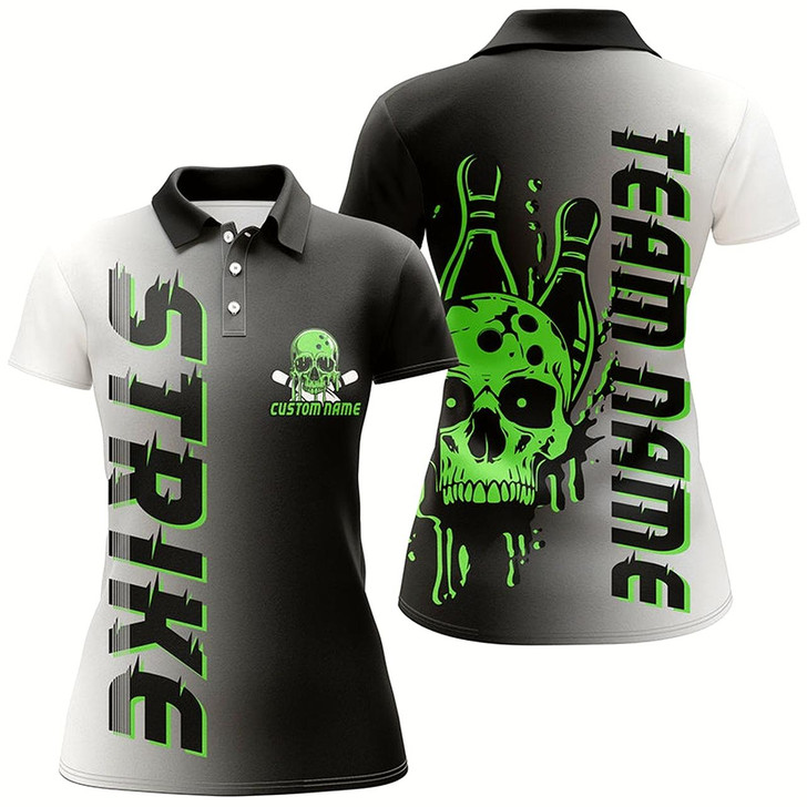 Goofygear Custom Strike Bowling Team Shirts For Women, Skull Bowling Jerseys With Team Name Green