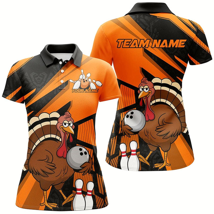Goofygear Custom Black And Orange Turkey Bowling Shirts For Women, Thanksgiving Bowling Team Outfits