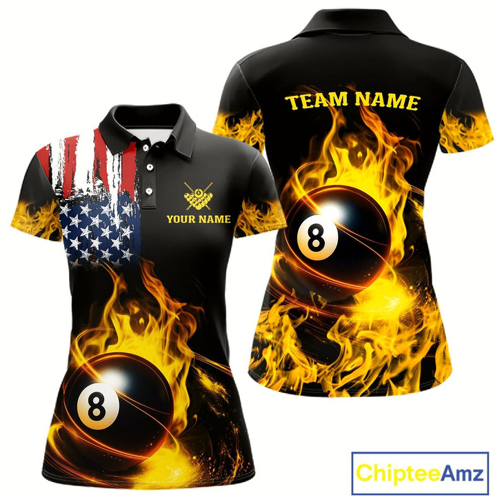 Goofygear Yellow Flaming American Flag 8 Ball Billiard Shirt For Women Custom Patriotic Pool Team Jersey