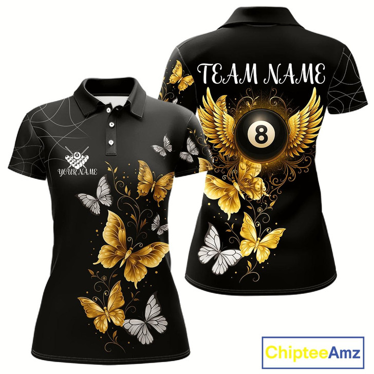 Goofygear Personalized Golden 8 Ball Wings Butterflies Billiard Shirt For Women Custom Funny Pool Team Jersey