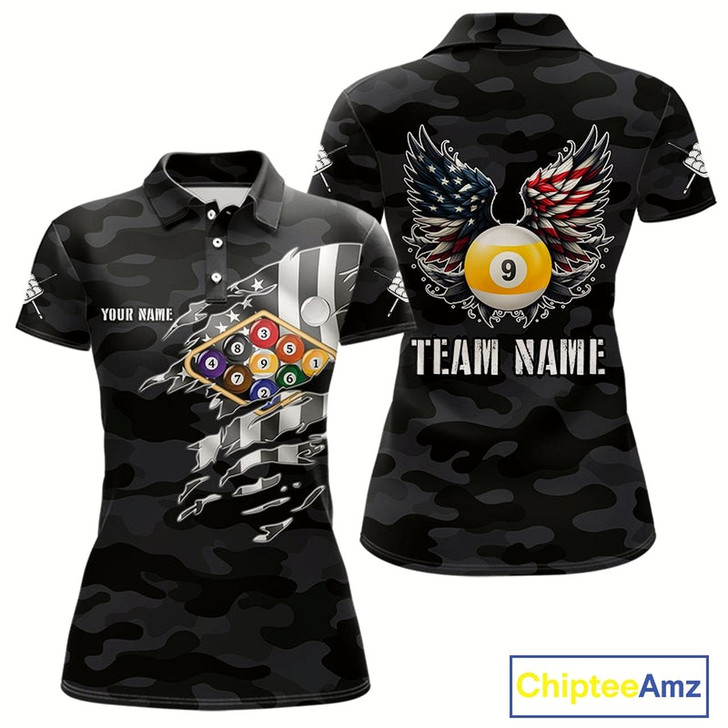 Goofygear Personalized Camouflage Us Flag Billiard Shirt For Women, Funny Patriotic 9 Ball Wings Pool Jersey