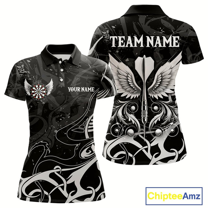Goofygear Grey And Black Custom Wings Darts Shirt For Women, Darts Jersey Pocket Option