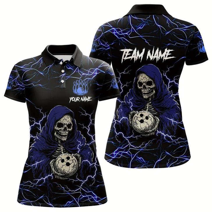 Goofygear Black And Blue Lightning Thunder Skull Reaper Bowling Shirts For Women Custom Bowling Team Jerseys