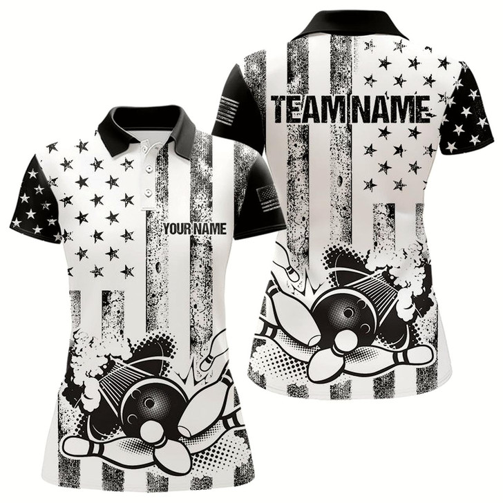 Goofygear Personalized Black & White American Flag Retro Bowling Shirt For Women, Patriotic Bowling Team Jersey