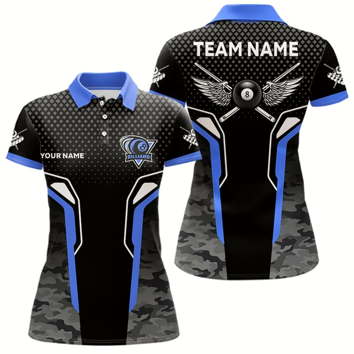 Goofygear Black And Blue 8 Ball Pool Wings Custom Camo Billiard Shirt For Women, 8 Ball Billiard Team Jersey
