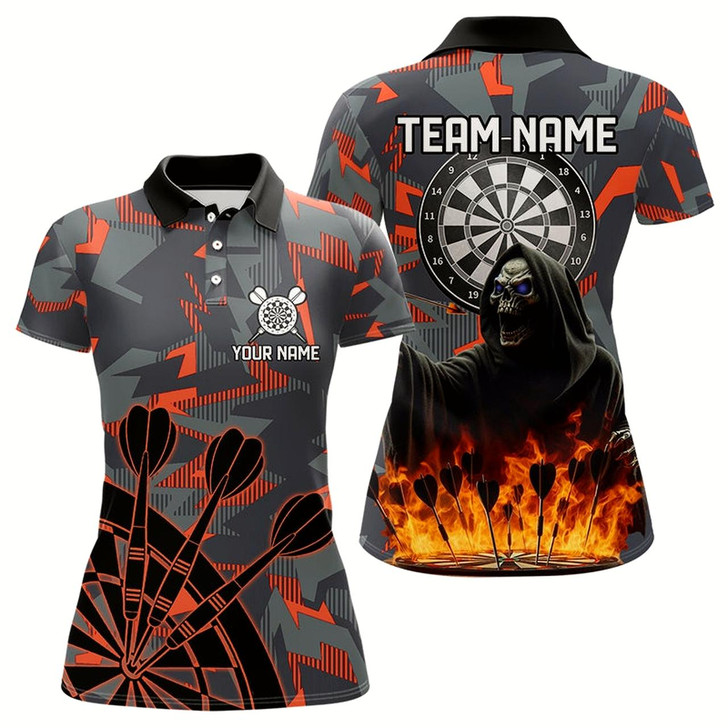 Goofygear Personalized Death Skeleton Fire Camo Dart Shirts For Women Custom Camouflage Darts League Jerseys