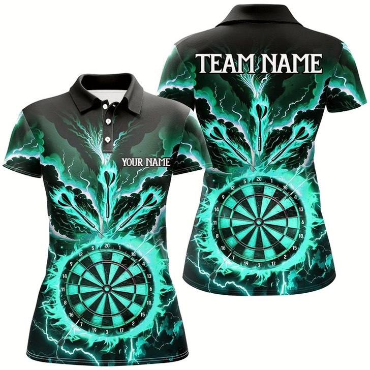 Goofygear Personalized Lightning Smoke Fire Flame Turquoise Darts Shirts For Women, Darts League Team Jerseys