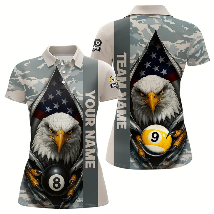 Goofygear Grey Camo American Flag Eagle 8 Ball & 9 Ball Pool Jersey For Women Custom Billiard Team Shirt