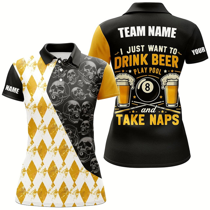 Goofygear I Just Want To Drink Beer Billiard Shirt For Women Custom Yellow Argyle Skull Pattern Billiard Jersey