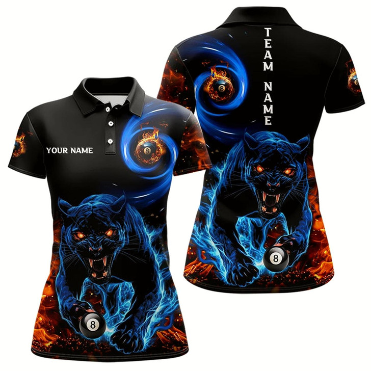 Goofygear Personalized Orange And Blue Flaming 3D Panther Billiard Shirts For Women, Cool Team Billiard Jerseys Style 1