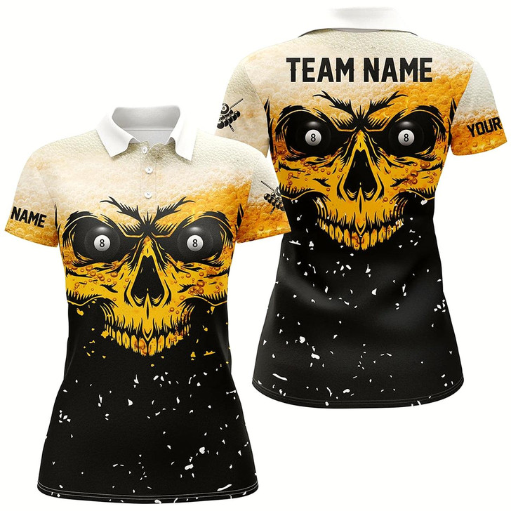 Goofygear Custom Grunge Yellow Black Skull Billiard Women Jerseys Shirts, 8 Ball Billiards Apparel Clothing