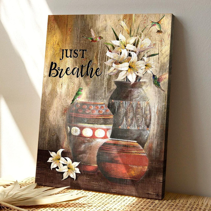 Hummingbird And Lily Just Breathe Canvas Wall Art Featuring Bible Verse And Scripture For Serene Christian Decor