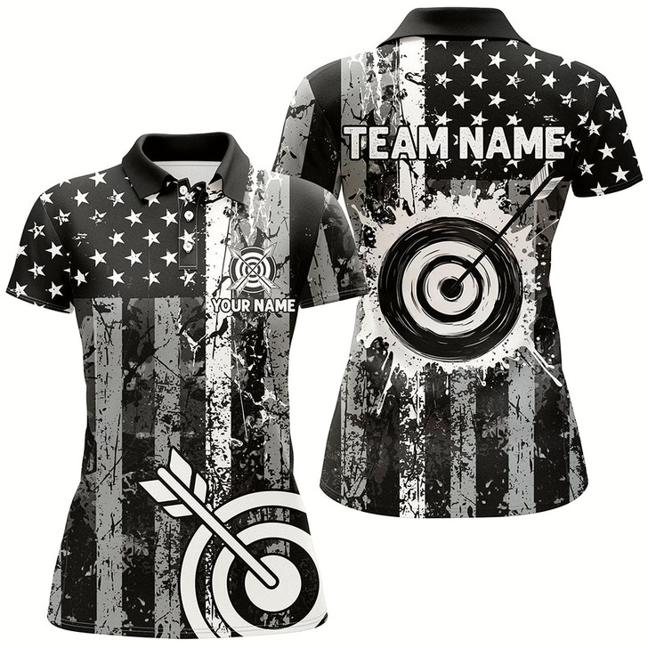 Goofygear Custom Black Grunge Usa Flag Archery Shirts For Women, Patriotic American Archery Team Jerseys