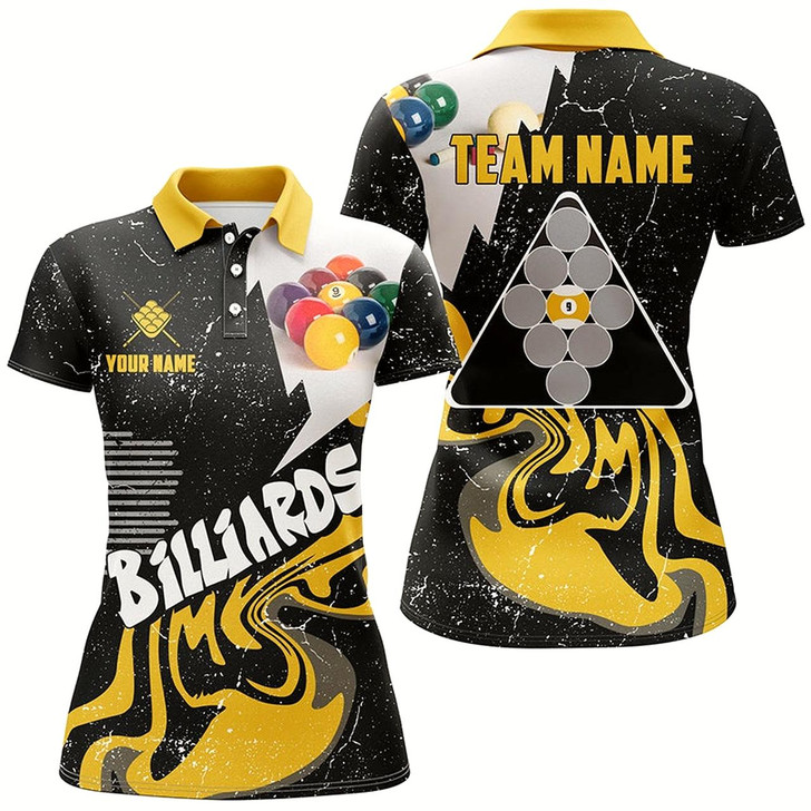 Goofygear Personalized 9 Ball Billiard Shirts For Women Custom Grunge Yellow Black 9 Ball Pool Jerseys