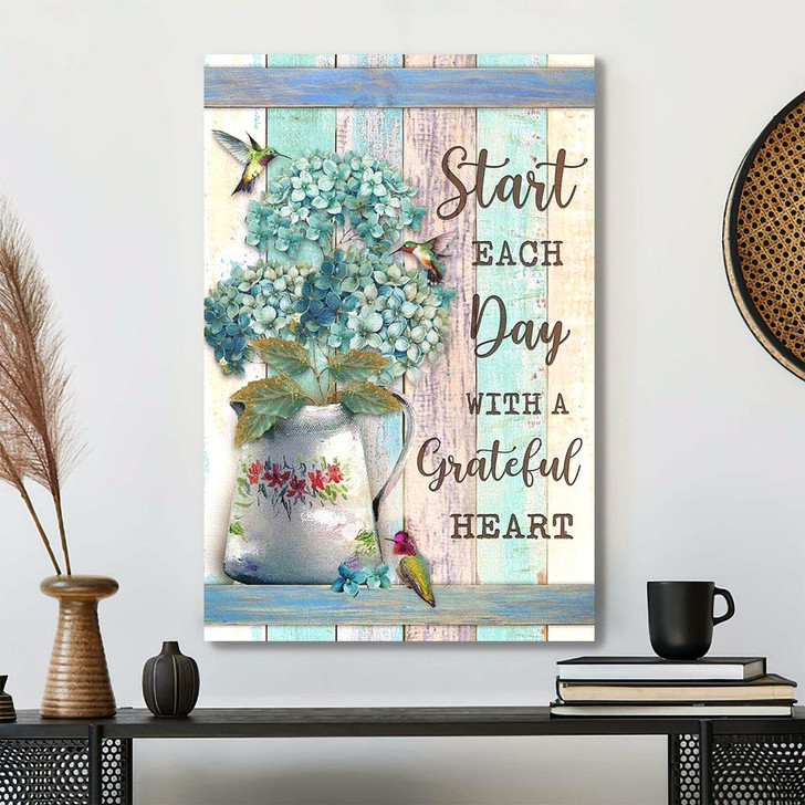 Hummingbird Start Each Day With A Grateful Heart Canvas Wall Art Featuring Scripture And Bible Verse For Joyful Decor
