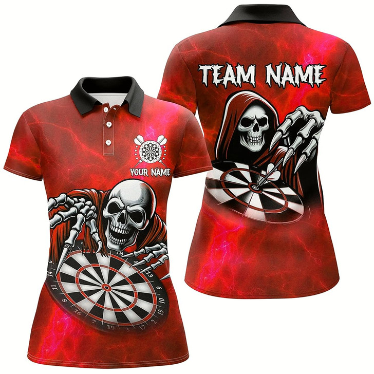 Goofygear Death Skeleton Custom Red Dart Shirts For Women, Personalized Name 3D Skull Dart Team Jerseys