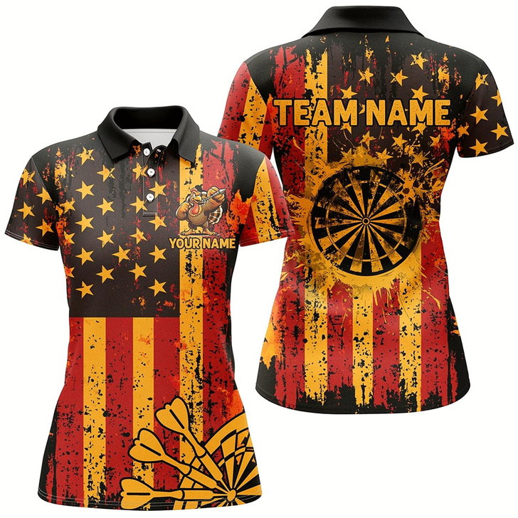 Goofygear Custom Autumn Grunge Us Flag Patriotic Dart Shirts For Women, Thanksgiving Retro Darts Team Jerseys