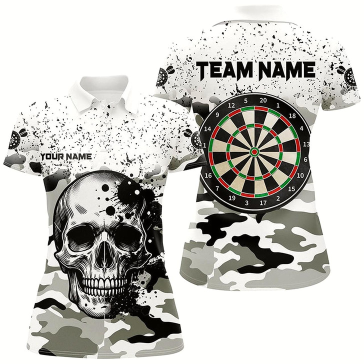 Goofygear Personalized Black White Grunge Camo Skull Darts Shirts For Women Custom Unique Darts Team Jerseys