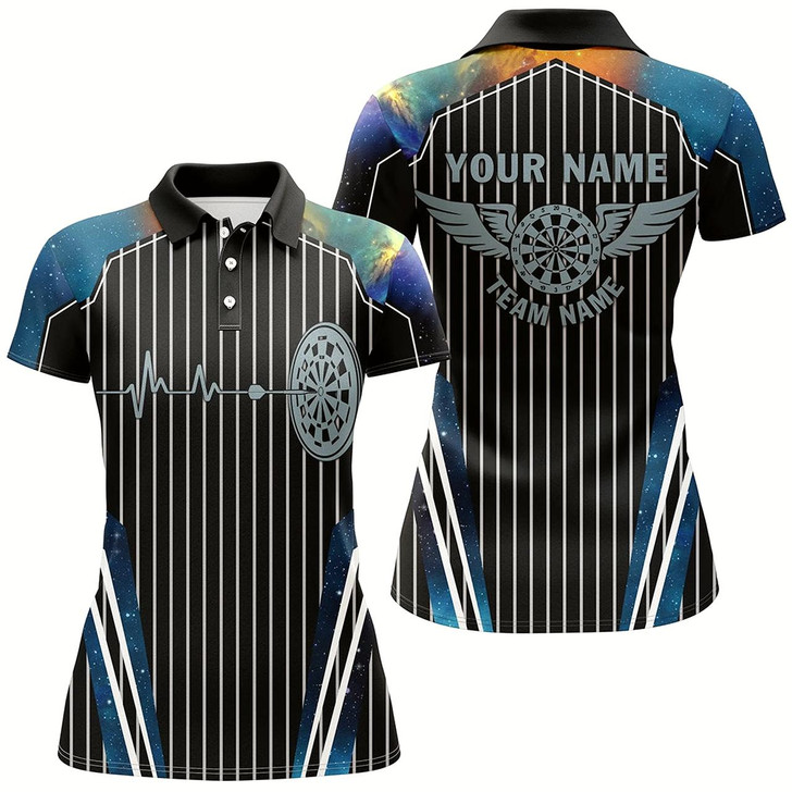 Goofygear Blue Galaxy Dartboard Pulse Heartbeat Custom Women Dart Shirts, Funny Wings Cool Dart Team Jerseys