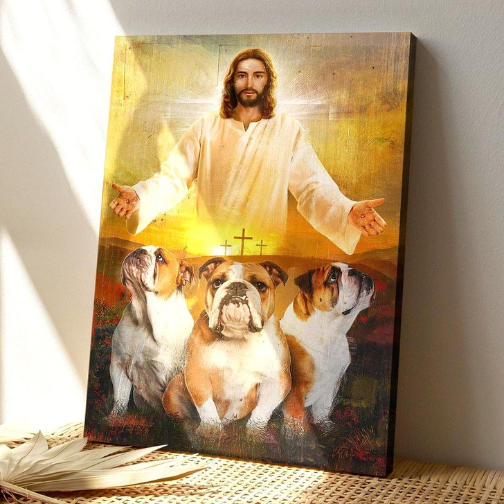 Bulldog In The Arms Of Jesus Canvas Wall Art Featuring Bible Verse And Scripture For Pet Memorial Christian Decor