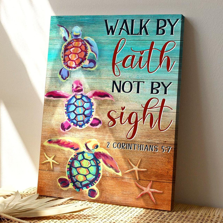 Colorful Turtle Walk By Faith Not By Sight Canvas Wall Art With Bible Verse And Scripture For Coastal Christian Decor