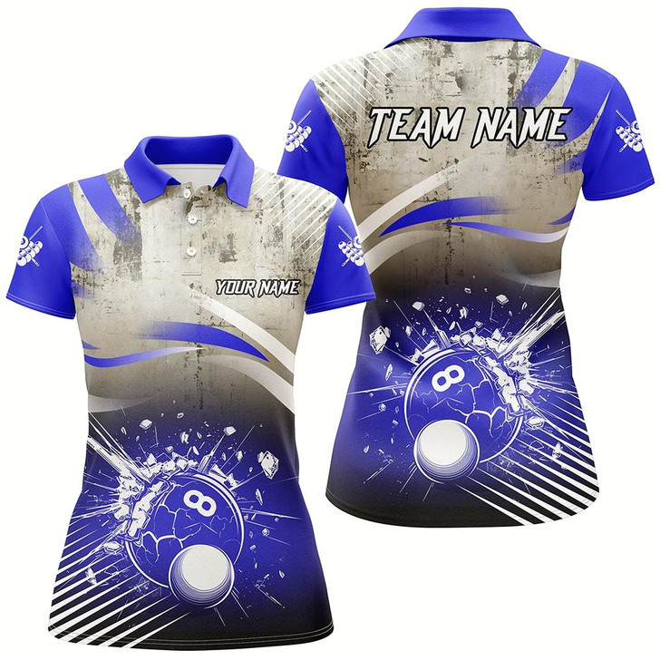 Goofygear Personalized Blue Grunge Break 8 Ball Billiard Shirts For Women, Retro Team League Billiard Jerseys