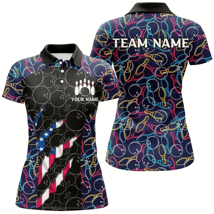 Goofygear Personalized Bowling Camo American Flag Bowling Team Shirts For Women, Patriotic Bowler Outfits