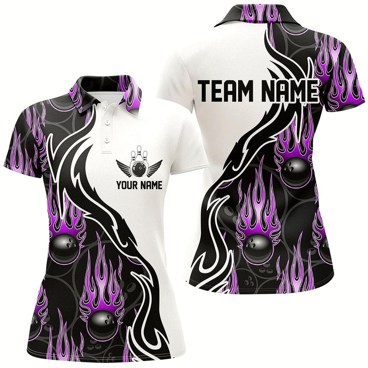 Goofygear Custom Bowling Shirts For Women, Personalized Flame Bowling Team Jerseys Purple