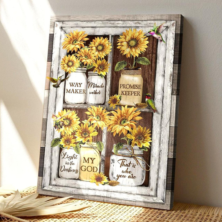 Sunflower And Hummingbird My God Is The Light In The Darkness Canvas Wall Art With Scripture And Bible Verse For