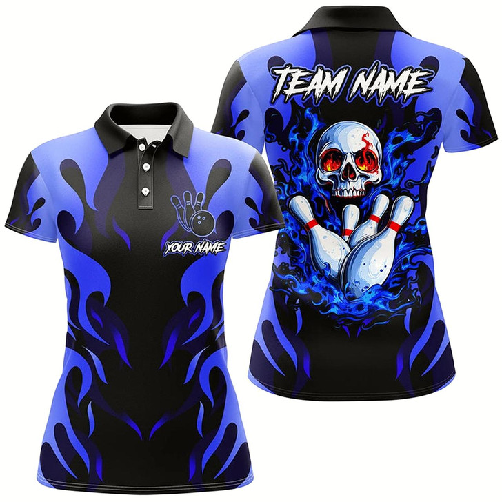 Goofygear Black And Blue Flame Skull Customize Bowling Shirts For Women Team Bowling Jerseys Gift For Bowlers