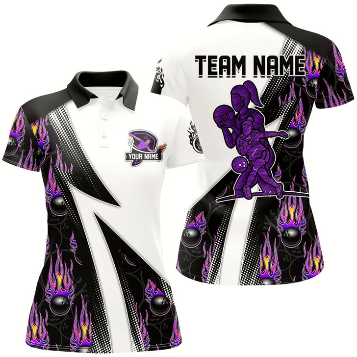 Goofygear Custom Purple Flame Bowling Black Camo Shirts For Women, Personalized Bowling Team Jerseys