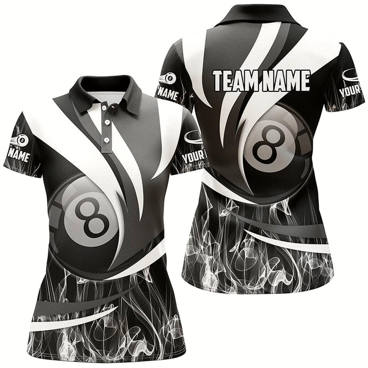 Goofygear Personalized Black Grey 8 Ball Pool Fire Smoke Billiard Shirts For Women, 8 Ball Billiard Team Jersey