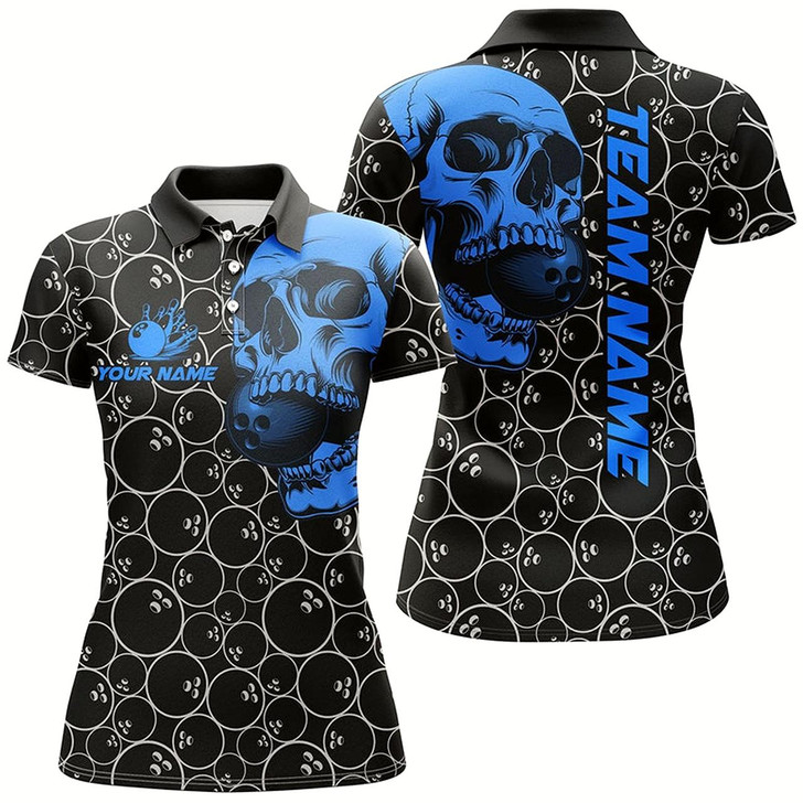 Goofygear Black Bowling Camo Blue Skull Bowling Shirts For Women Custom Bowling Team Jerseys, Gifts For Bowlers