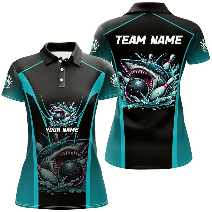 Goofygear Cyan Blue Shark Bowling Team Women Bowling Shirts Custom Team Bowling League Jerseys, Uniform Outfits