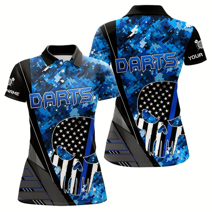 Goofygear Black And White American Flag Skull Darts Blue Camo Darts Shirts For Women Custom Team Darts Jersey
