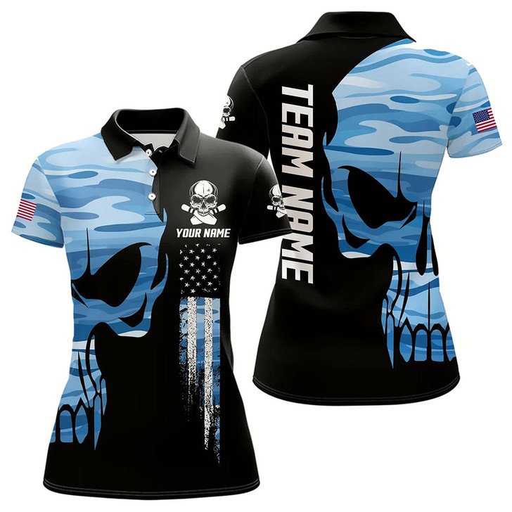 Goofygear Blue Camo Skull American Flag Womens Bowling Shirts Custom Patriotic Bowling Team Jerseys For Ladies