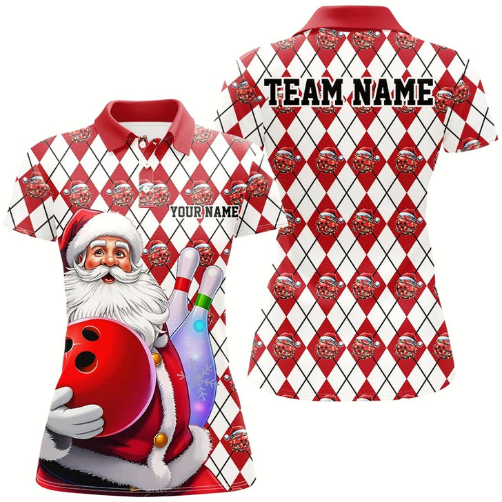Goofygear White And Red Bowling Argyle Pattern Custom Christmas Santa Bowling Team Shirts For Women