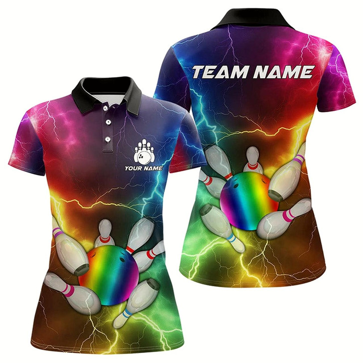 Goofygear Women Bowling Shirt Custom Colorful Rainbow Lightning Thunder Bowling Ball And Pins Team Bowler Jersey