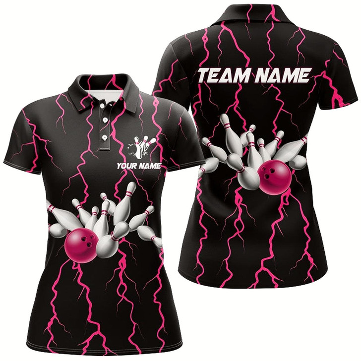Goofygear Women Bowling Shirt Custom Black And Pink Lightning Thunder Bowling Team Jersey, Gift For Team Bowler