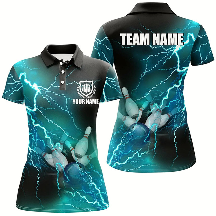 Goofygear Women Bowling Shirts Custom Cyan Blue Lightning Thunder Bowling Team Jersey, Gift For Team Bowlers