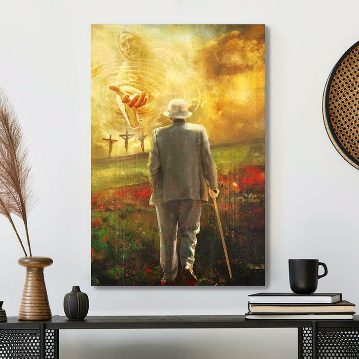Christian Canvas Wall Art Jesus And Old Man Walking Hand In Hand Into A Beautiful World Filled With His Eternal Love